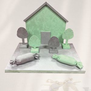 EXPOSITOR CASA BEBE GRIS Y VERDE